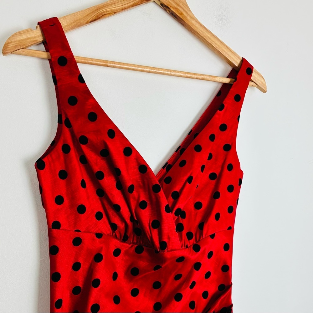 Voodoo Vixen red stretch satin black polka dot retro pin up wiggle midi dress. M - Picture 3 of 7